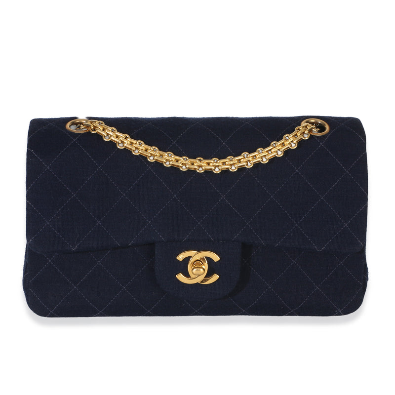 Chanel Vintage Dark Blue Quilted Jersey Small Bijoux Chain Double Flap Bag Handbag fv
