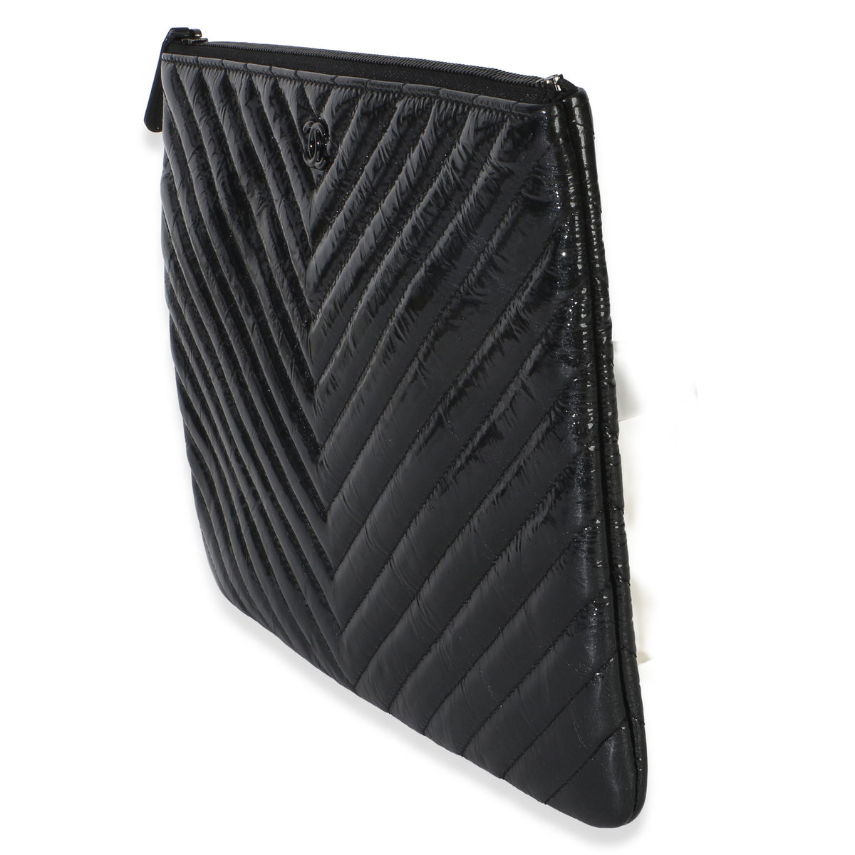 Chanel Black Crinkled Patent Calfskin Chevron Medium O Case Handbag 2