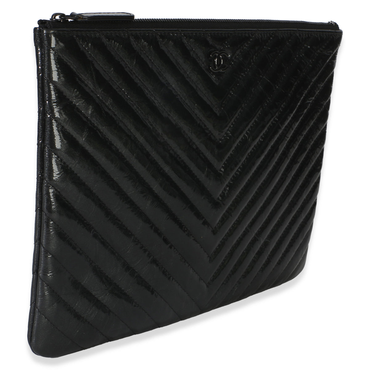 Chanel Black Crinkled Patent Calfskin Chevron Medium O Case Handbag 3
