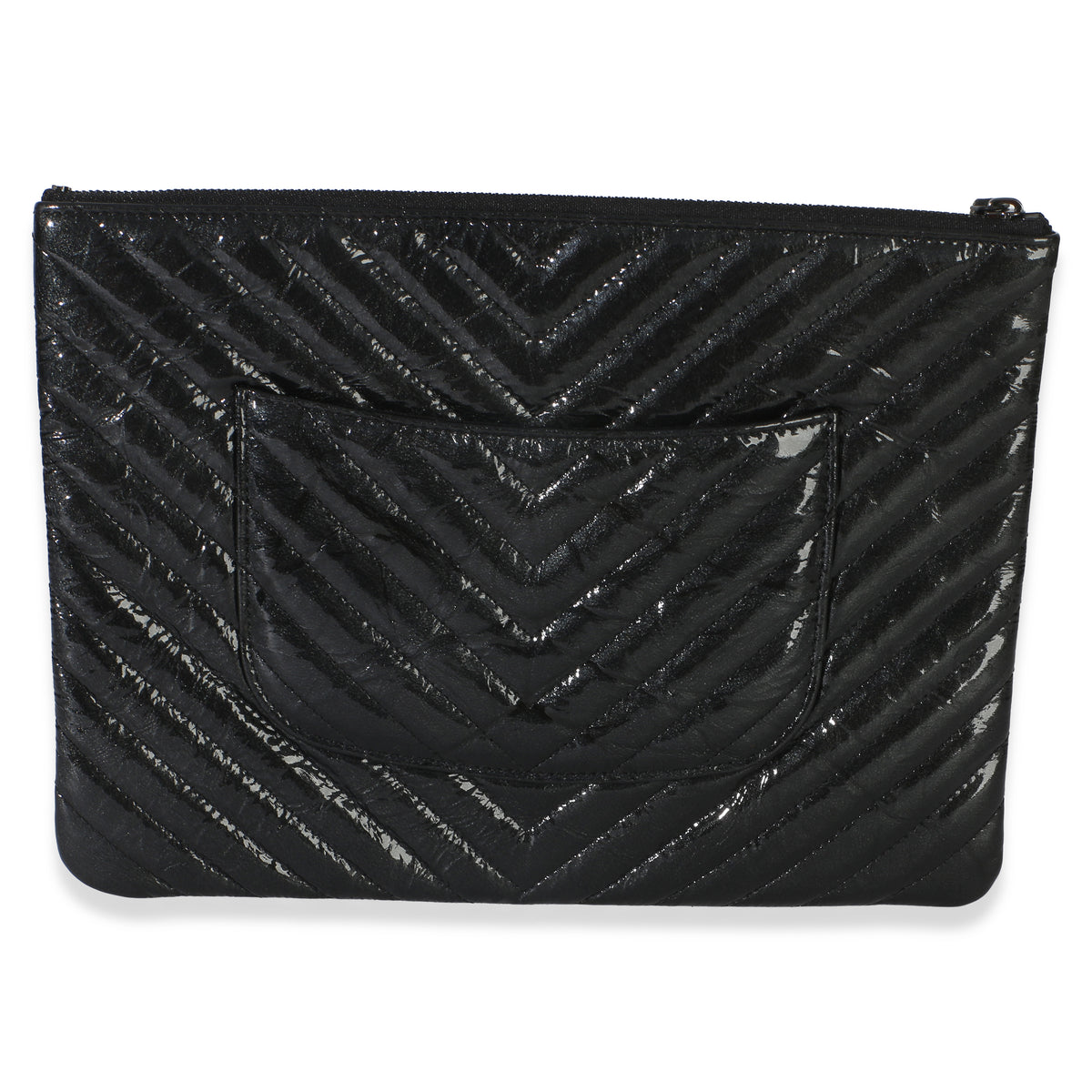 Chanel Black Crinkled Patent Calfskin Chevron Medium O Case Handbag 4
