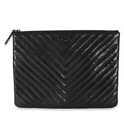 Chanel Black Crinkled Patent Calfskin Chevron Medium O Case Handbag fv