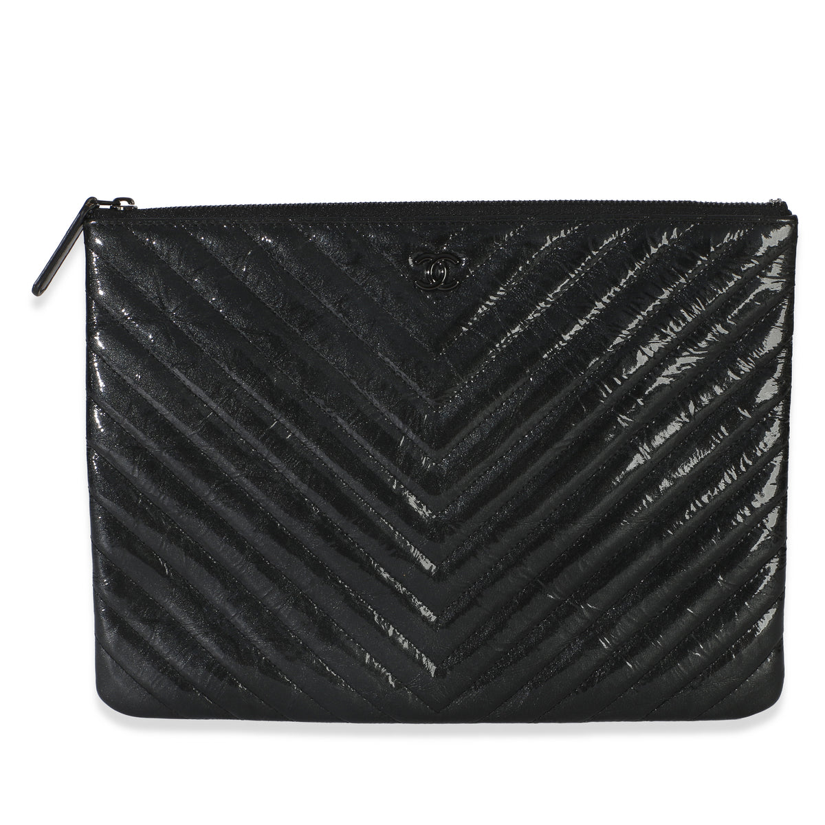 Chanel Black Crinkled Patent Calfskin Chevron Medium O Case Handbag id
