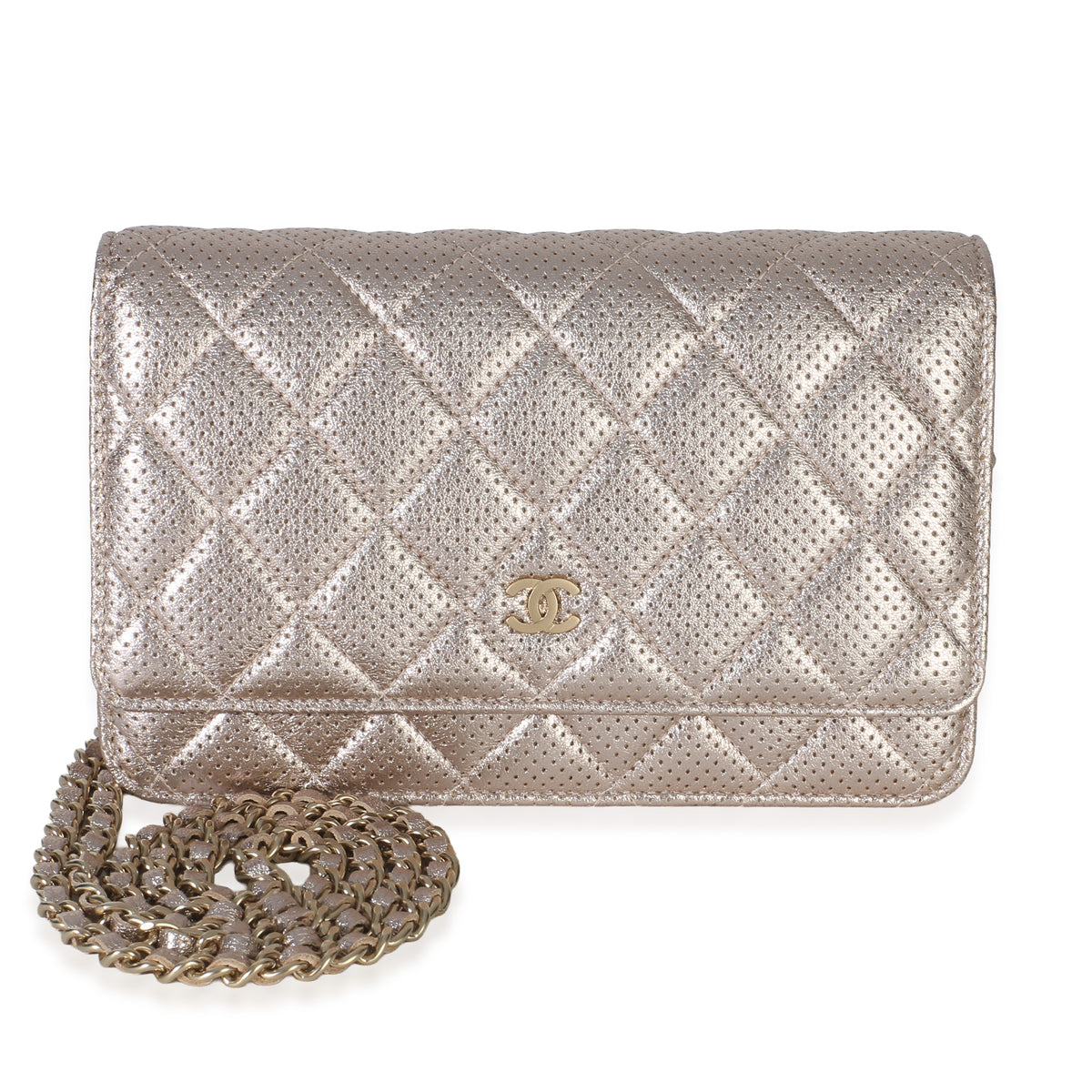 Chanel Light Pink Metallic Quilted Perforated Lambskin Wallet On Chain Handbag id
