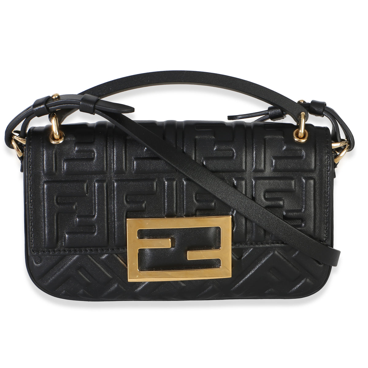 Fendi Black Nappa FF 1974 Embossed Mini Baguette Handbag id