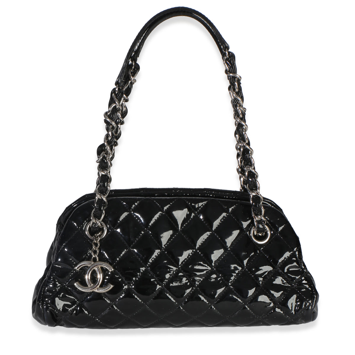 Chanel Black Quilted Patent Small Just Mademoiselle Bowling Bag Handbag id