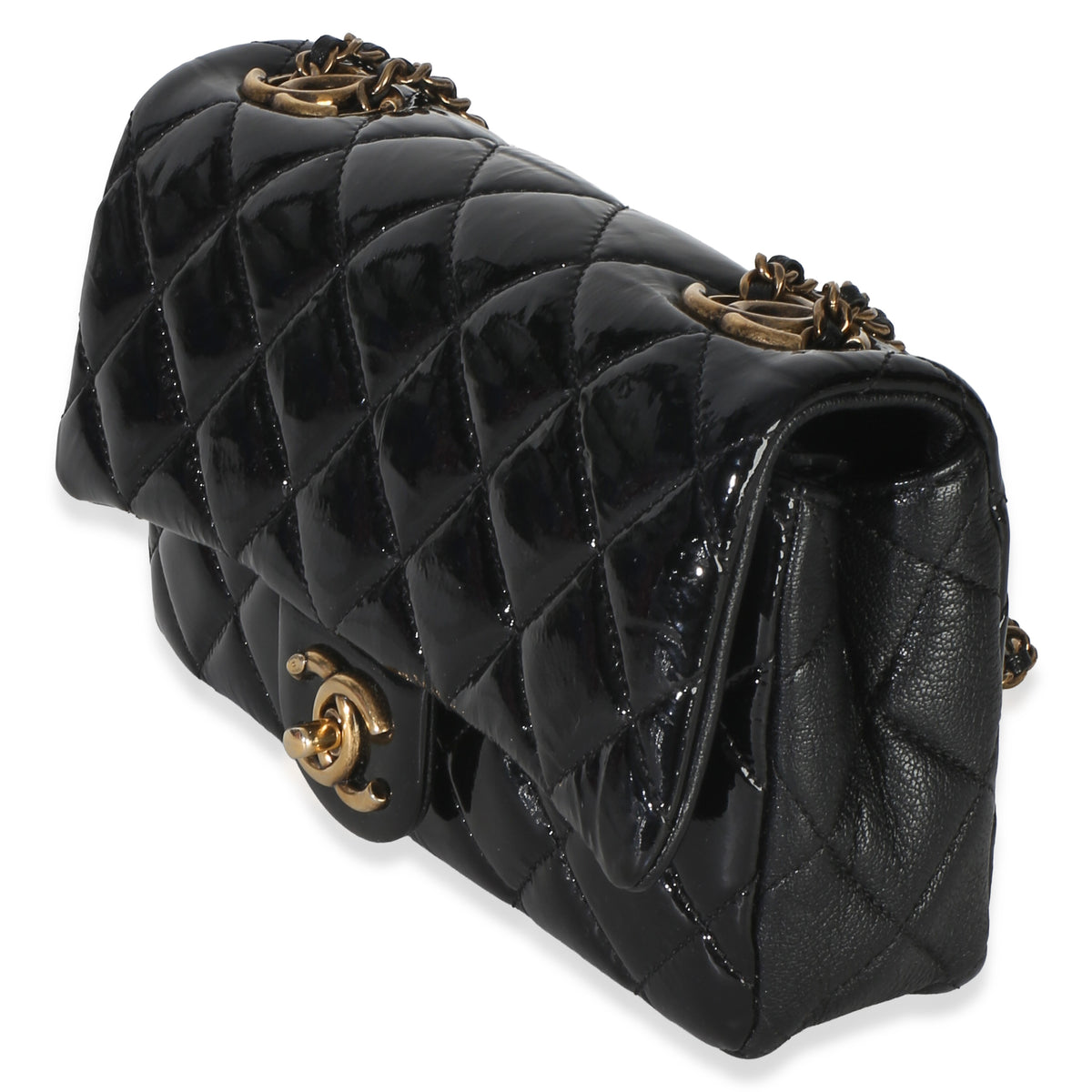 Chanel Black Quilted Patent Goatskin Small CC Eyelet Flap Bag Handbag 2