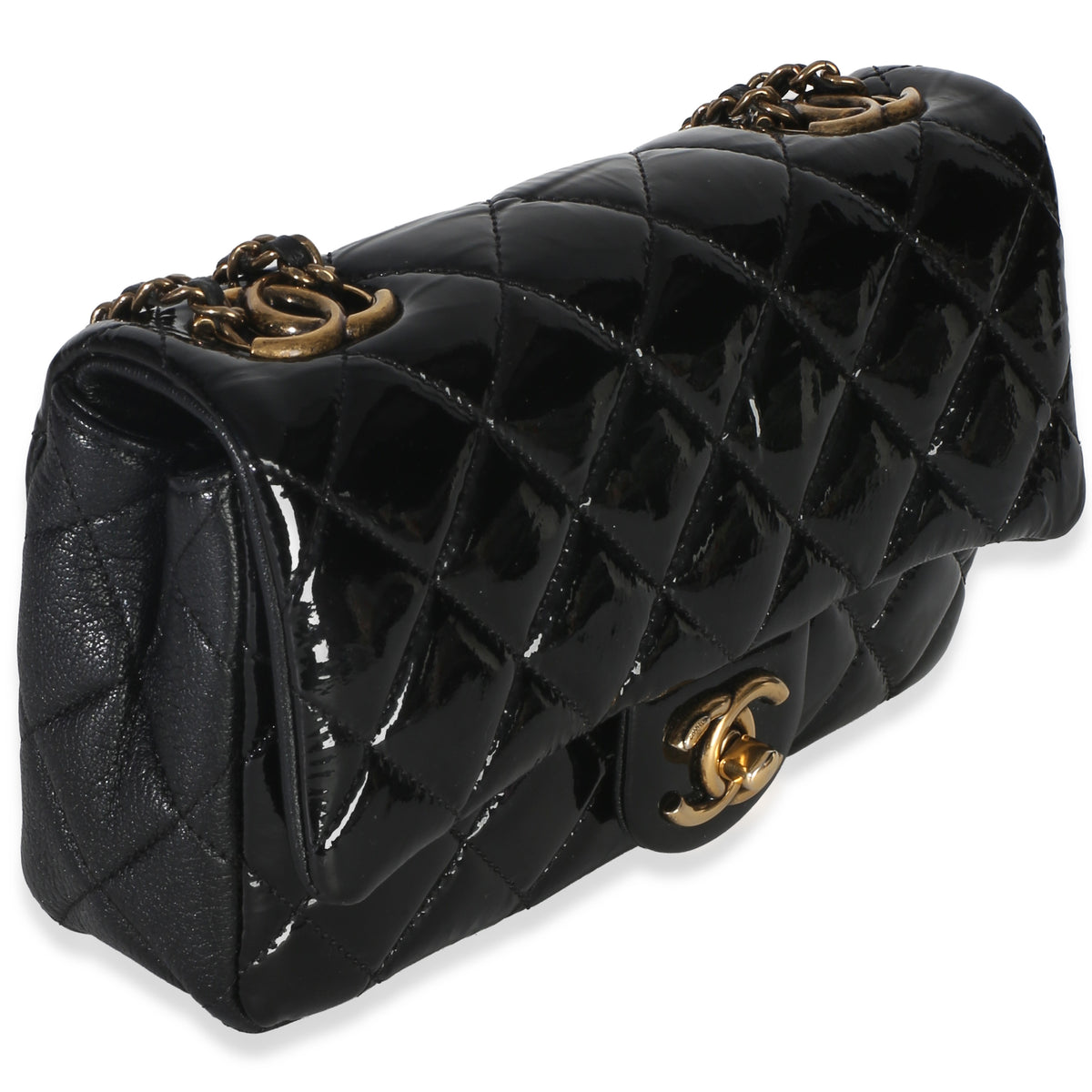 Chanel Black Quilted Patent Goatskin Small CC Eyelet Flap Bag Handbag 3