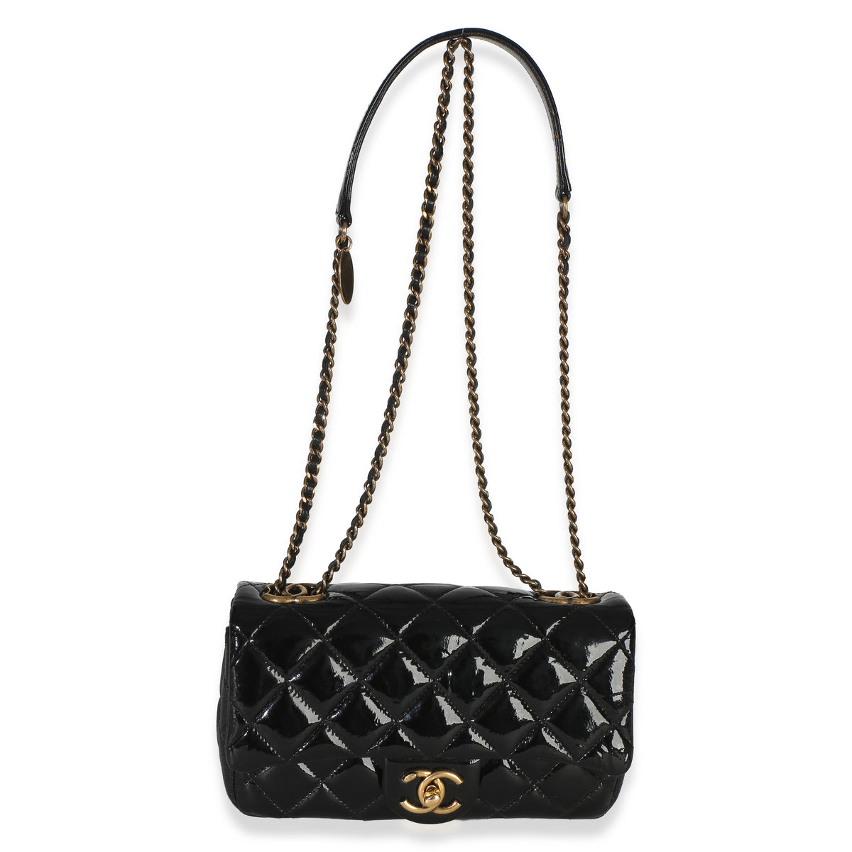 Chanel Black Quilted Patent Goatskin Small CC Eyelet Flap Bag Handbag 8
