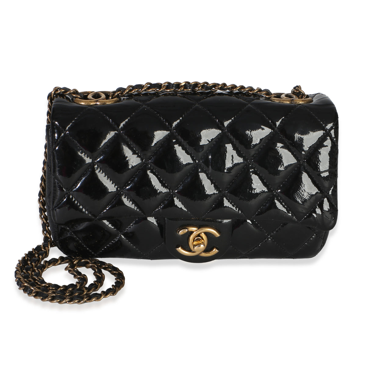 Chanel Black Quilted Patent Goatskin Small CC Eyelet Flap Bag Handbag fv