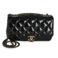 Chanel Black Quilted Patent Goatskin Small CC Eyelet Flap Bag Handbag fv