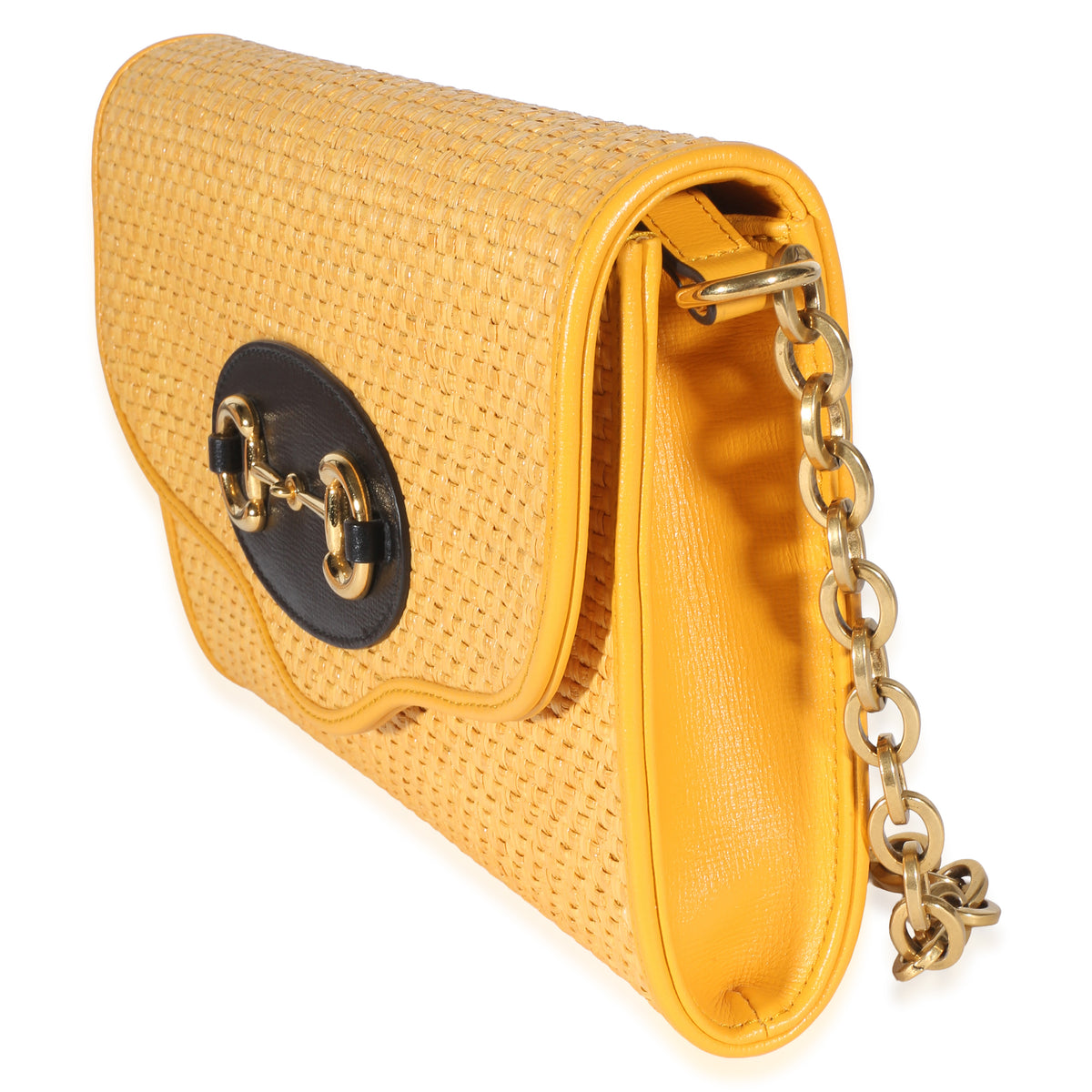 Gucci Yellow Raffia Azalea Calfskin Small Horsebit 1955 Chain Shoulder Bag Handbag 2