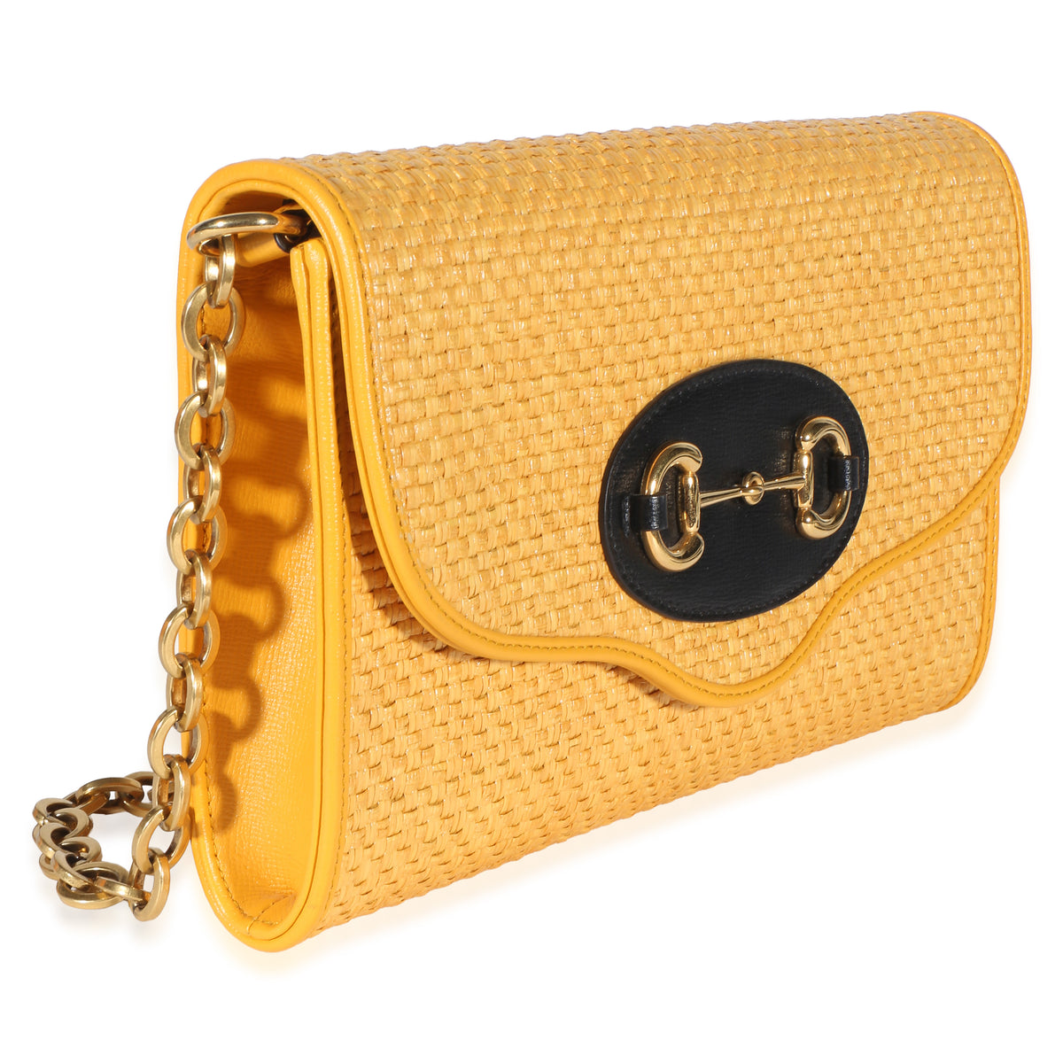 Gucci Yellow Raffia Azalea Calfskin Small Horsebit 1955 Chain Shoulder Bag Handbag 3