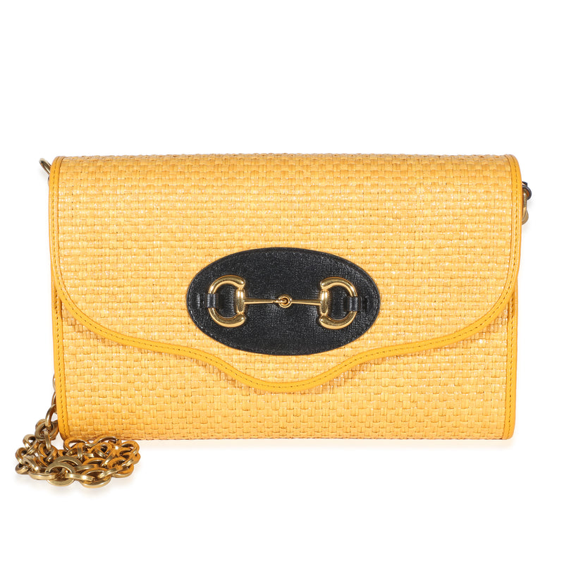 Gucci Yellow Raffia Azalea Calfskin Small Horsebit 1955 Chain Shoulder Bag Handbag fv