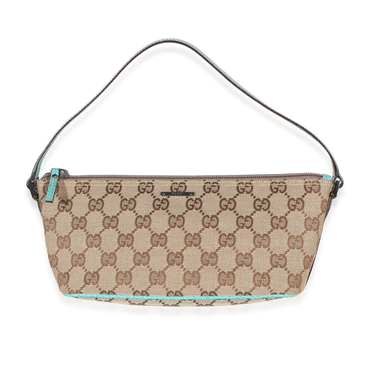 Gucci Turquoise Beige GG Monogram Canvas Boat Pochette Handbag fv