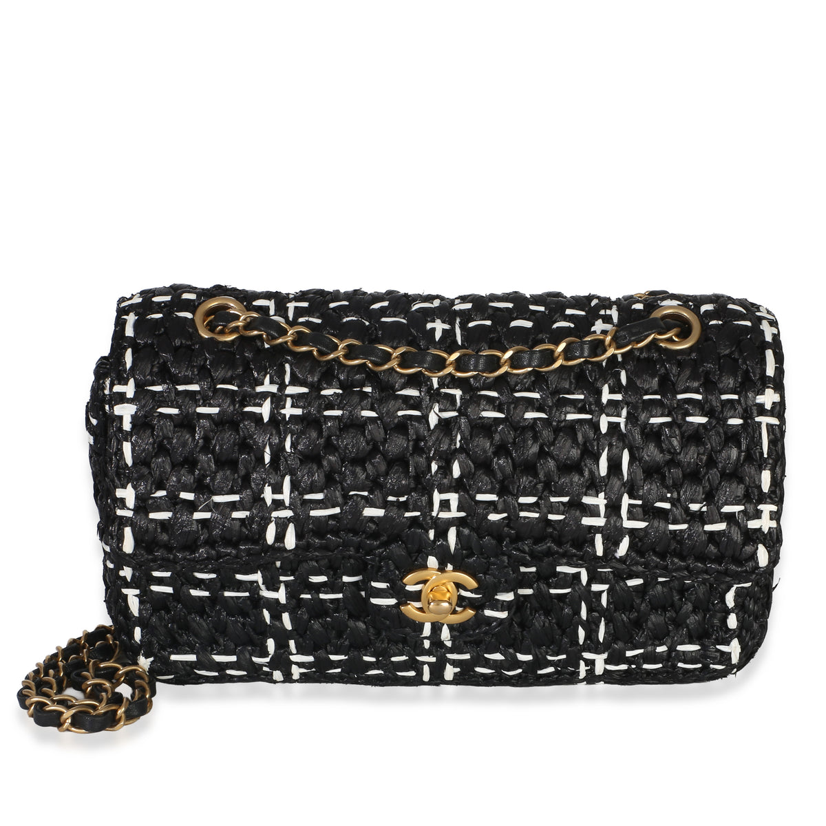 Chanel Black White Raffia Effect Medium Tweedy Flap Bag Handbag id