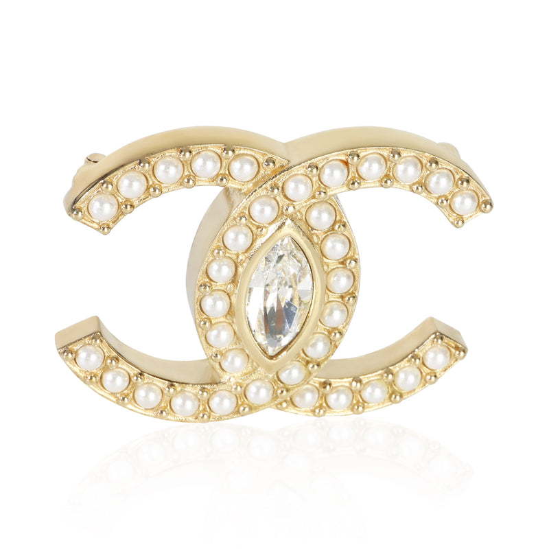 Chanel Gold Plated  2021 Faux Pearl & Strass CC Brooch fv
