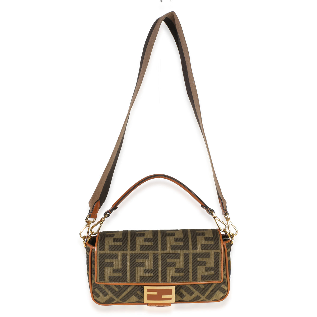 Fendi Green Tan FF Embroidery Canvas Medium Baguette Bag Handbag 8