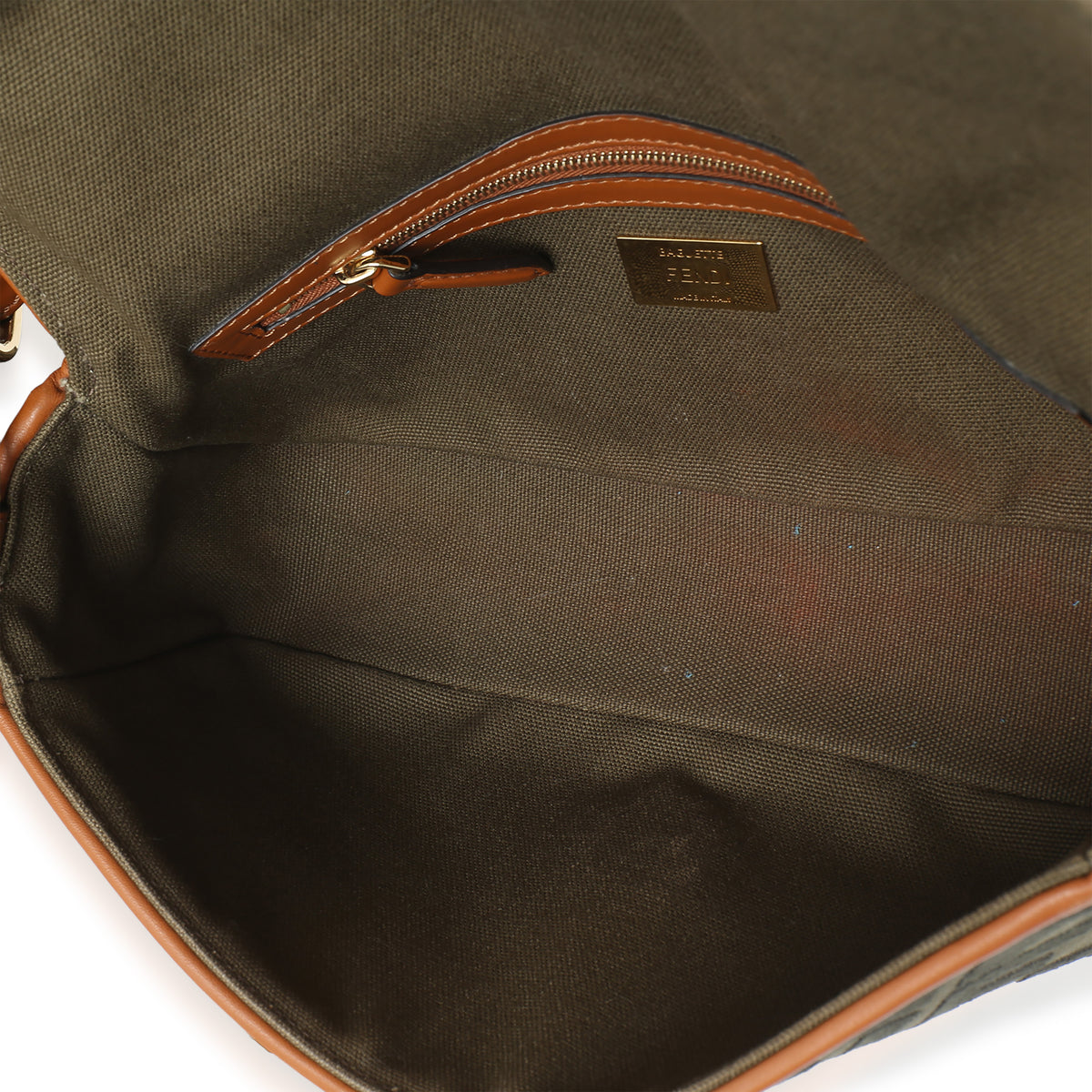 Fendi Green Tan FF Embroidery Canvas Medium Baguette Bag Handbag 9