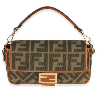Fendi Green Tan FF Embroidery Canvas Medium Baguette Bag Handbag fv