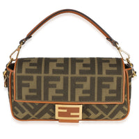 Fendi Green Tan FF Embroidery Canvas Medium Baguette Bag Handbag fv