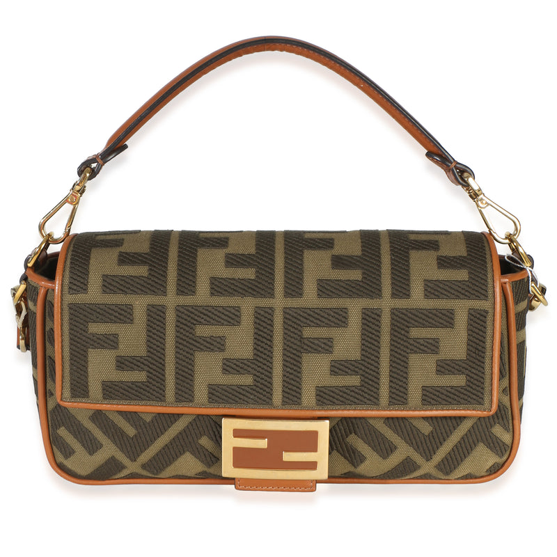 Fendi Green Tan FF Embroidery Canvas Medium Baguette Bag Handbag fv