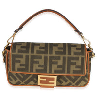 Fendi Green Tan FF Embroidery Canvas Medium Baguette Bag Handbag id
