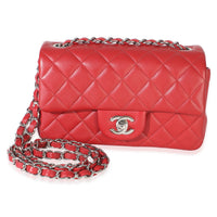 Chanel Red Quilted Lambskin Mini Rectangular Classic Flap Bag Handbag fv