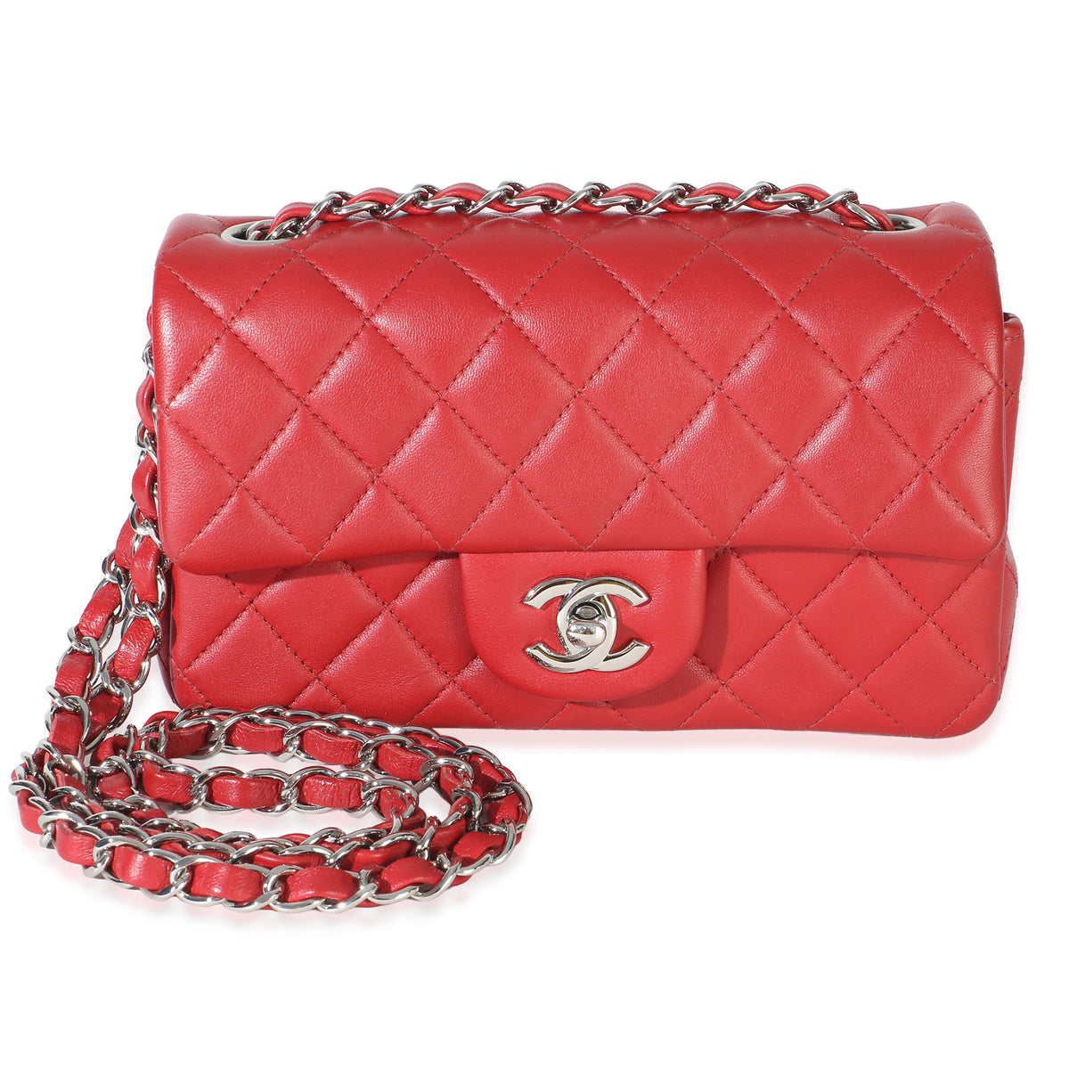 Chanel Red Quilted Lambskin Mini Rectangular Classic Flap Bag Handbag id