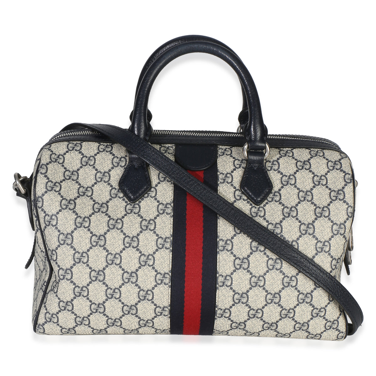Gucci Beige Blue GG Supreme Monogram Web Medium Ophidia Boston Bag Handbag 4