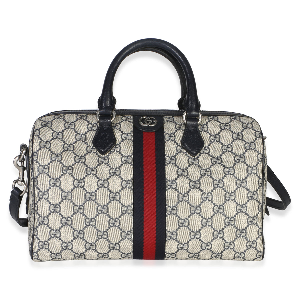 Gucci Beige Blue GG Supreme Monogram Web Medium Ophidia Boston Bag Handbag fv