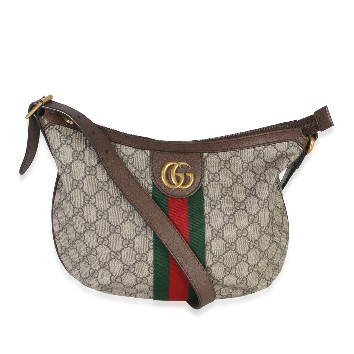 Gucci Brown Beige GG Supreme Canvas Dollar Calfskin Web Small Ophidia Half Moon Handbag id