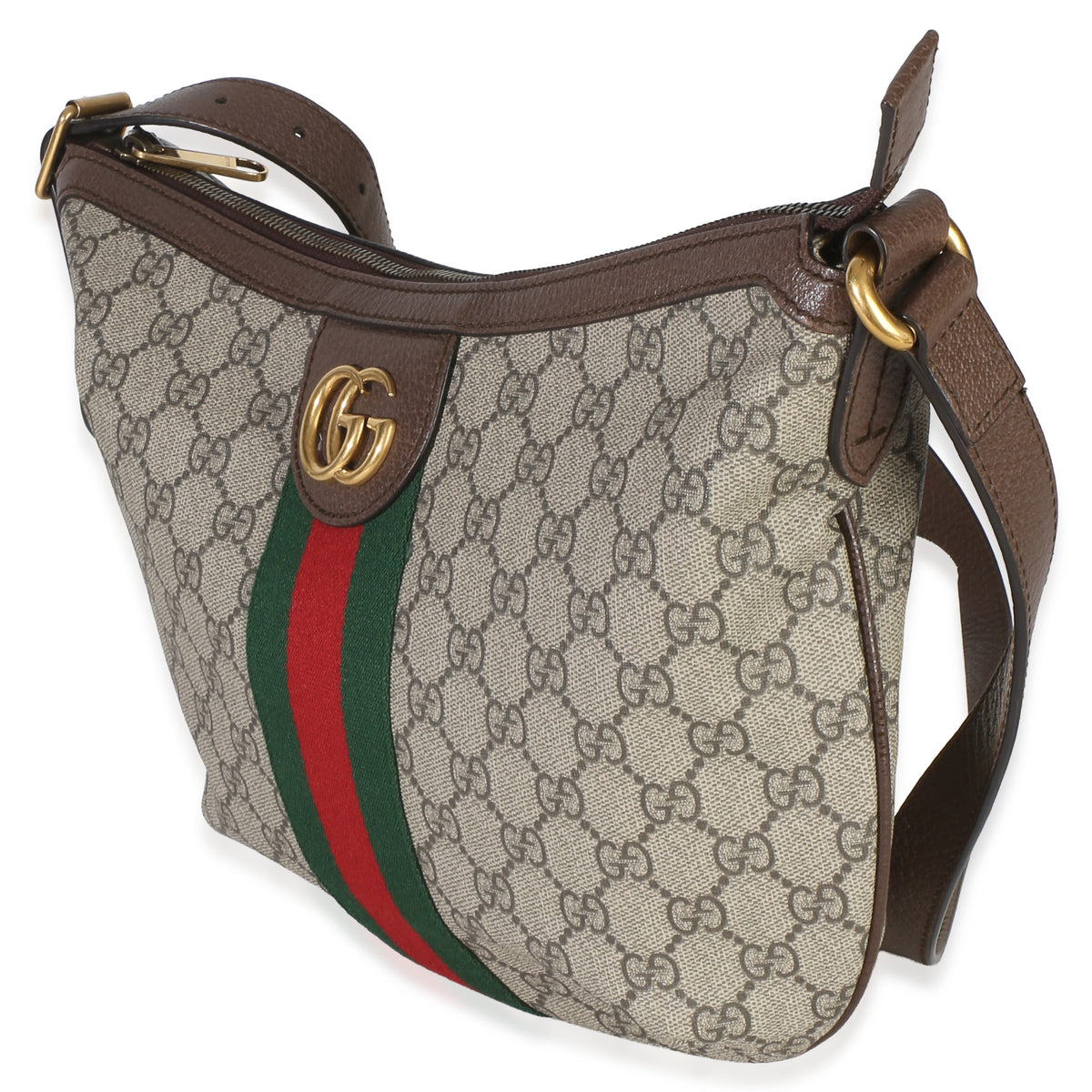 Gucci Brown Beige GG Supreme Canvas Dollar Calfskin Web Small Ophidia Half Moon Handbag 2