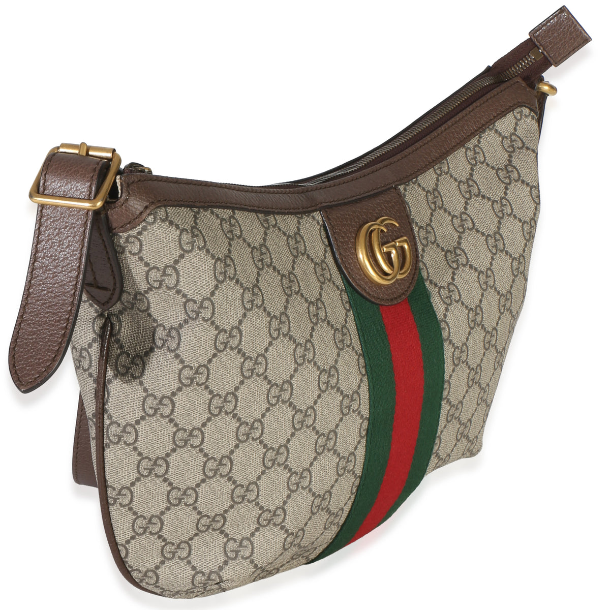 Gucci Brown Beige GG Supreme Canvas Dollar Calfskin Web Small Ophidia Half Moon Handbag 3