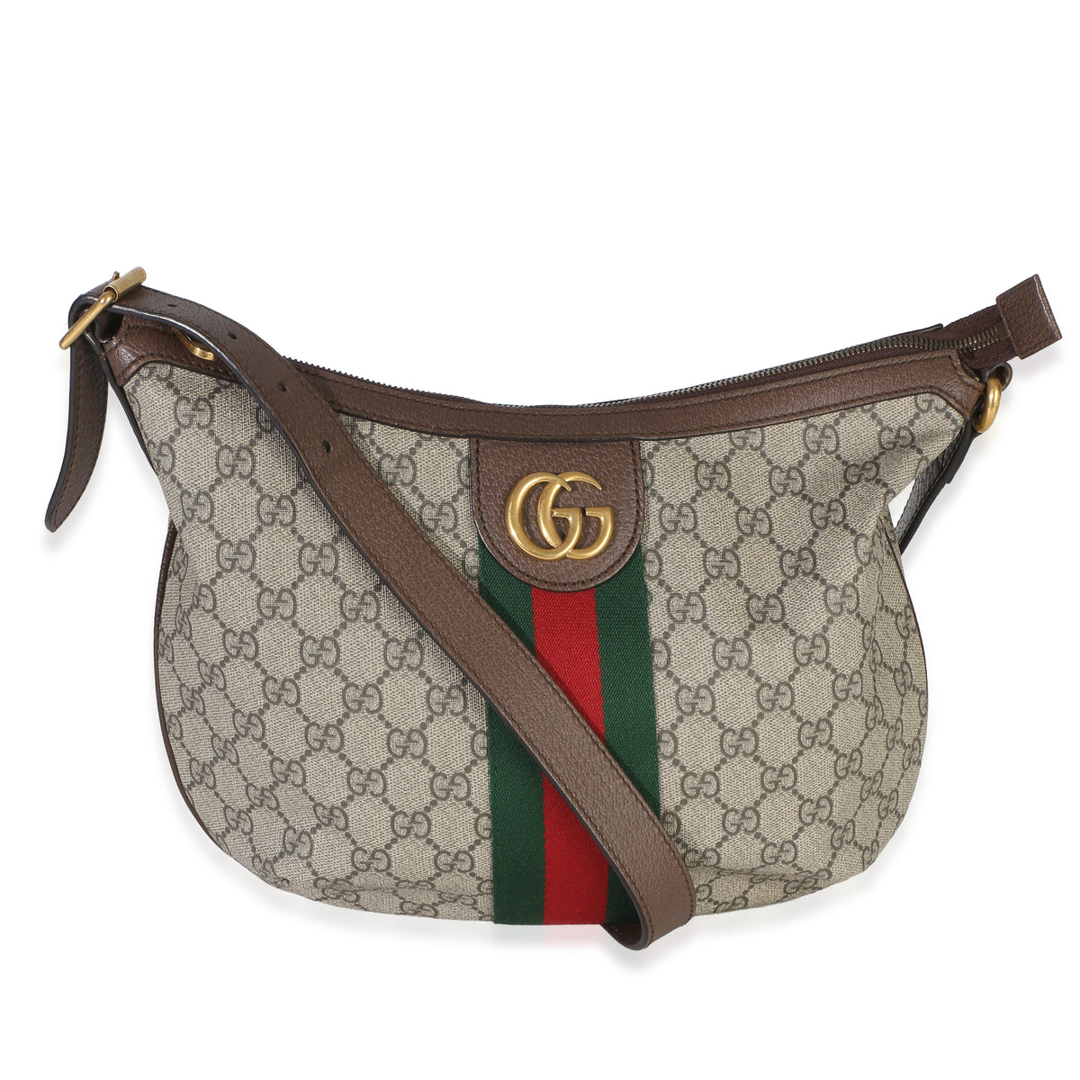 Gucci Brown Beige GG Supreme Canvas Dollar Calfskin Web Small Ophidia Half Moon Handbag fv