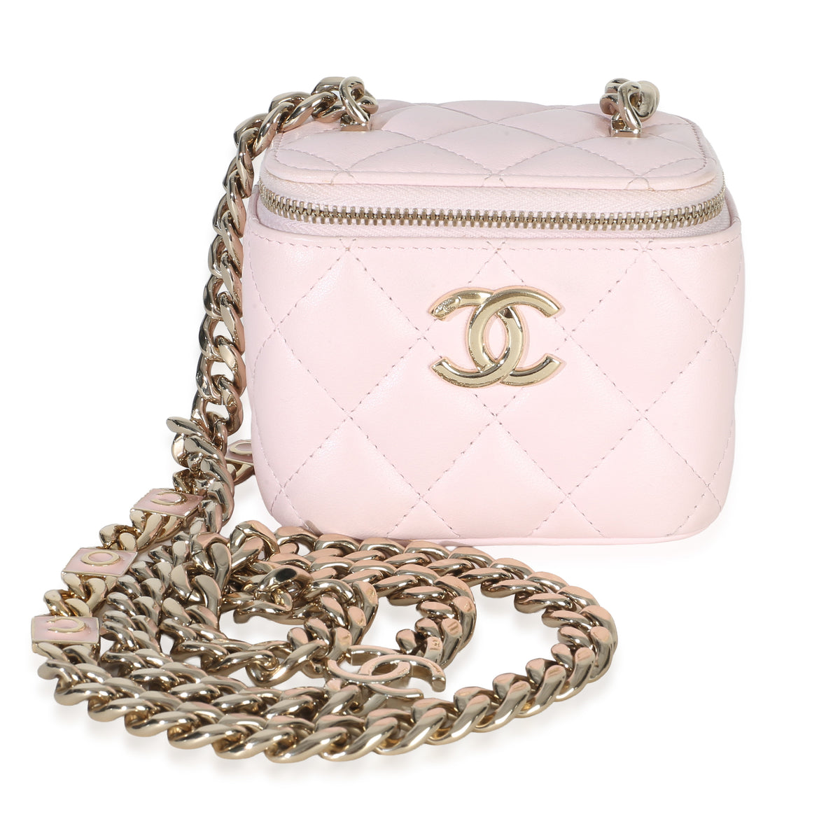 Chanel Pink Quilted Lambskin Coco Chain Mini Vanity Case Handbag fv