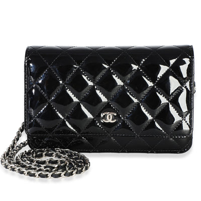 Chanel Black Quilted Patent Classic Wallet On Chain Handbag fv
