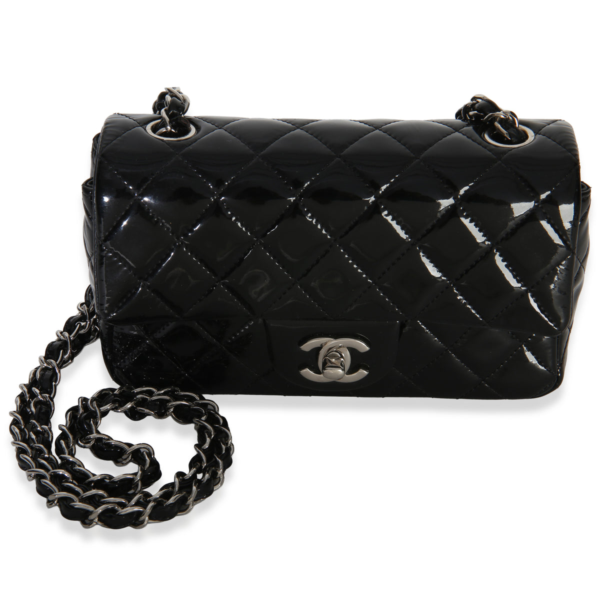 Chanel Black Quilted Patent Mini Rectangular Flap Bag Handbag fv