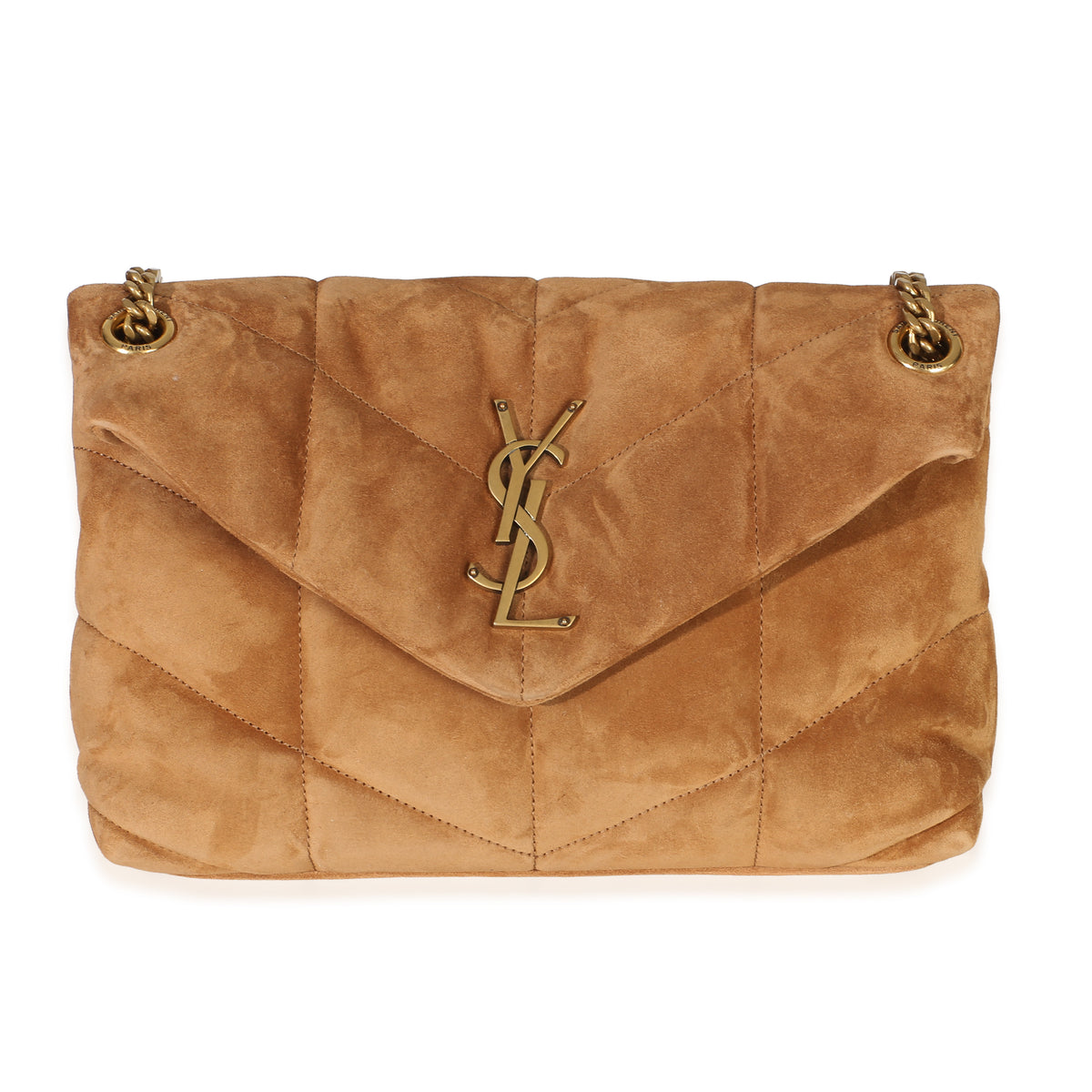 Saint Laurent Tan Quilted Suede Small Loulou Puffer Chain Satchel Handbag id