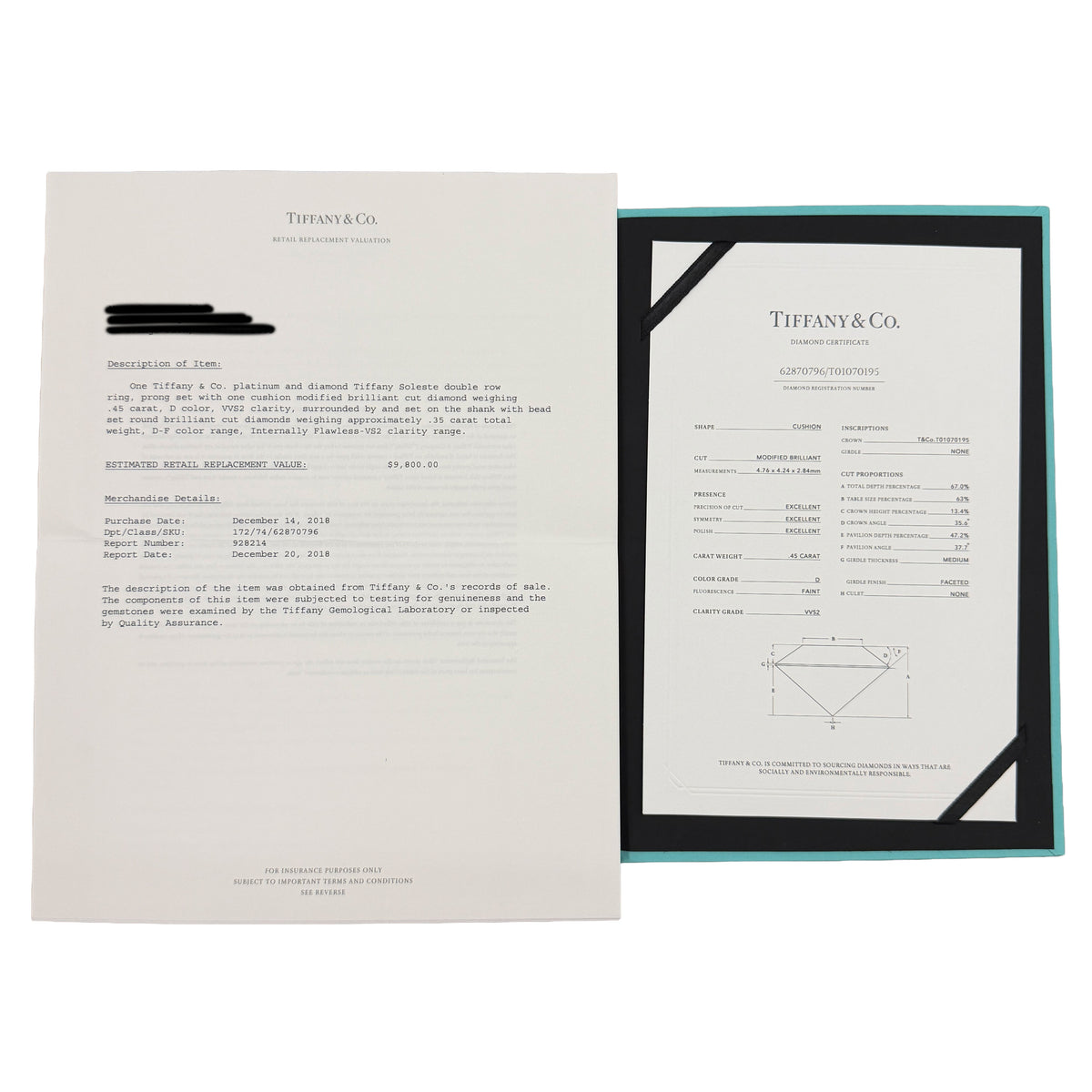 Tiffany & Co. 0.45 ct Cushion Diamond Soleste Engagement Ring box