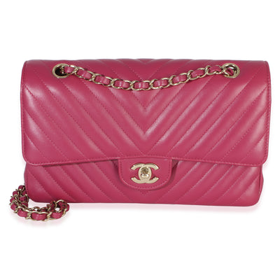 Chanel Fuchsia Chevron Lambskin Medium Classic Double Flap Bag Handbag fv