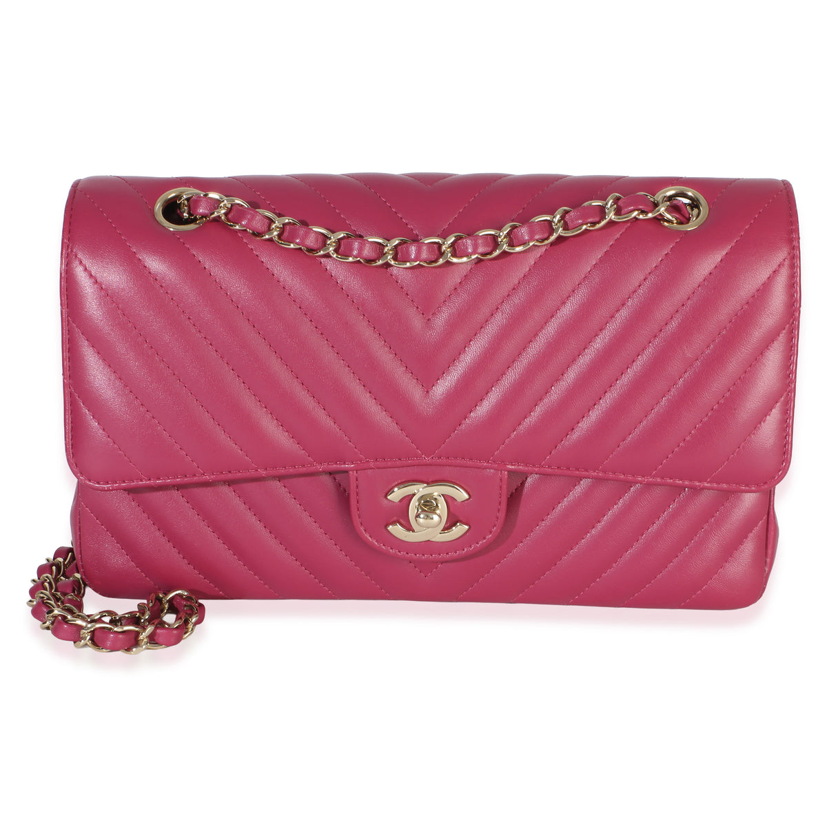Chanel Fuchsia Chevron Lambskin Medium Classic Double Flap Bag Handbag fv