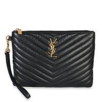 Saint Laurent Black Matelasse Chevron Calfskin Monogram Pouch Handbag id