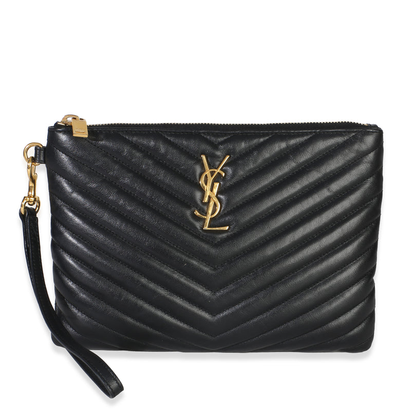 Saint Laurent Black Matelasse Chevron Calfskin Monogram Pouch Handbag id