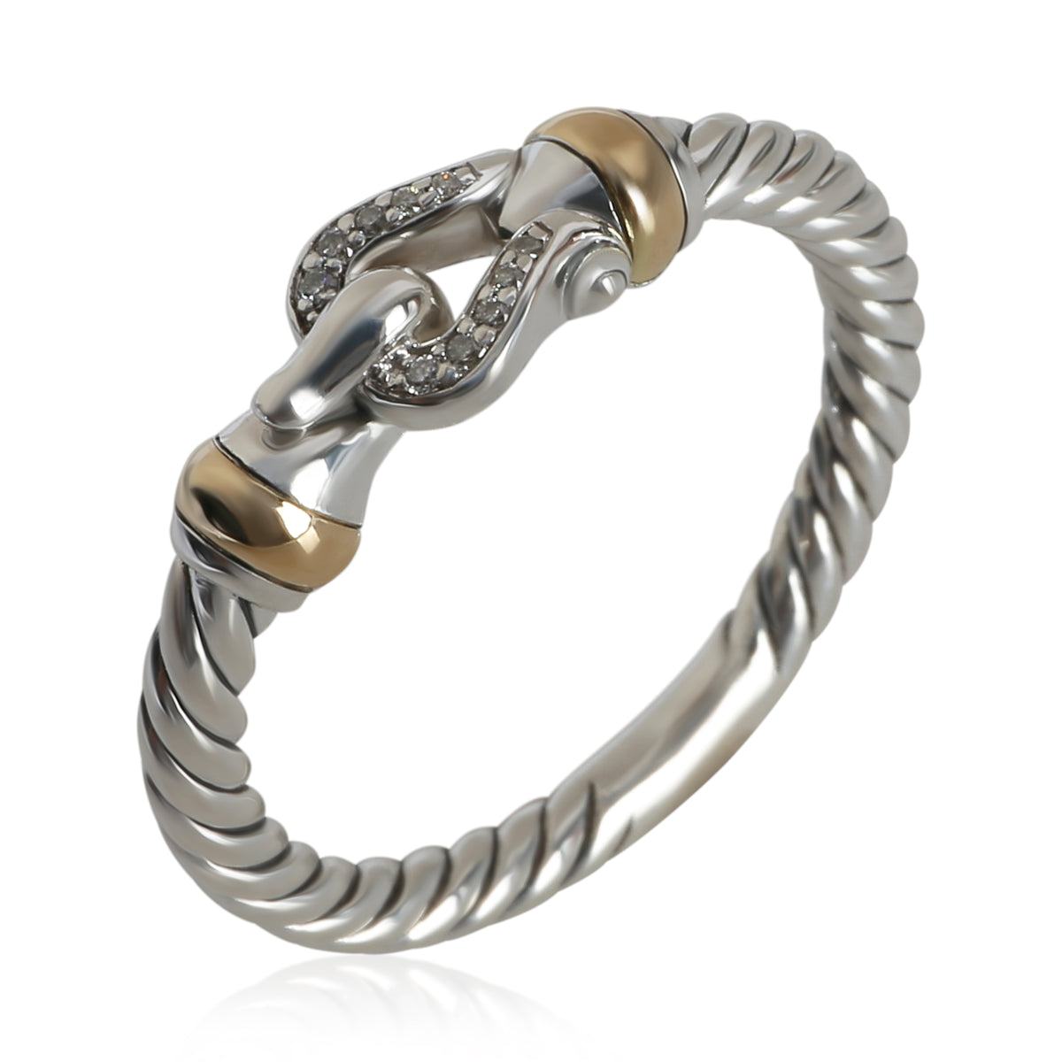 David Yurman Yellow Gold & Sterling Silver Diamond Cable Buckle Ring 4