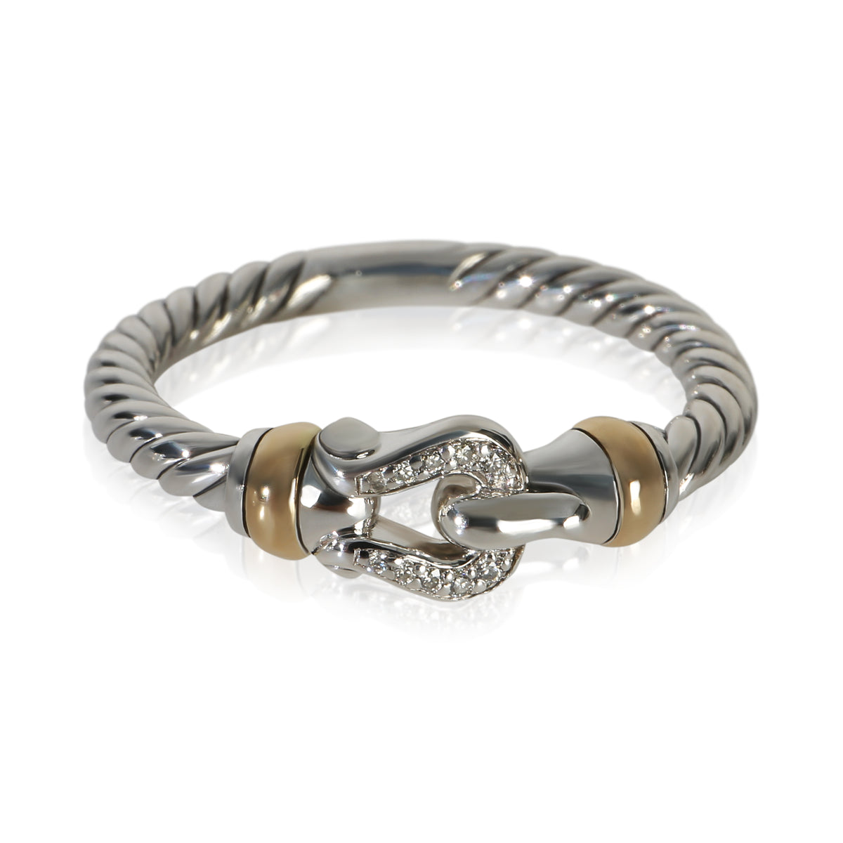 David Yurman Yellow Gold & Sterling Silver Diamond Cable Buckle Ring fv
