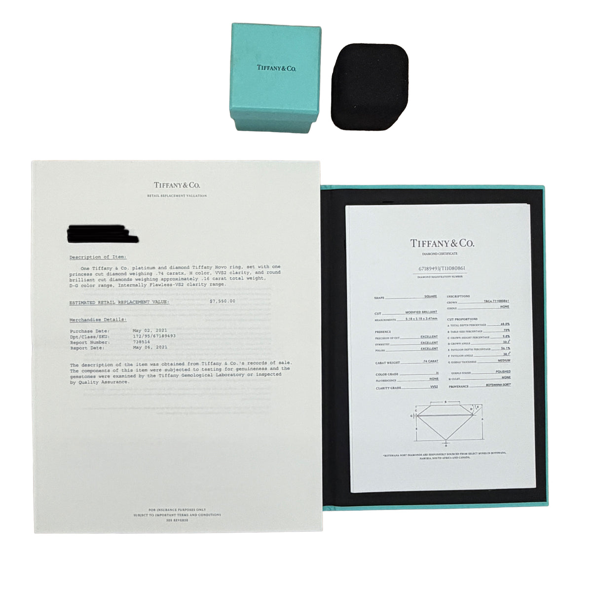 Tiffany & Co. 0.74 ct Princess Diamond Novo Engagement Ring box