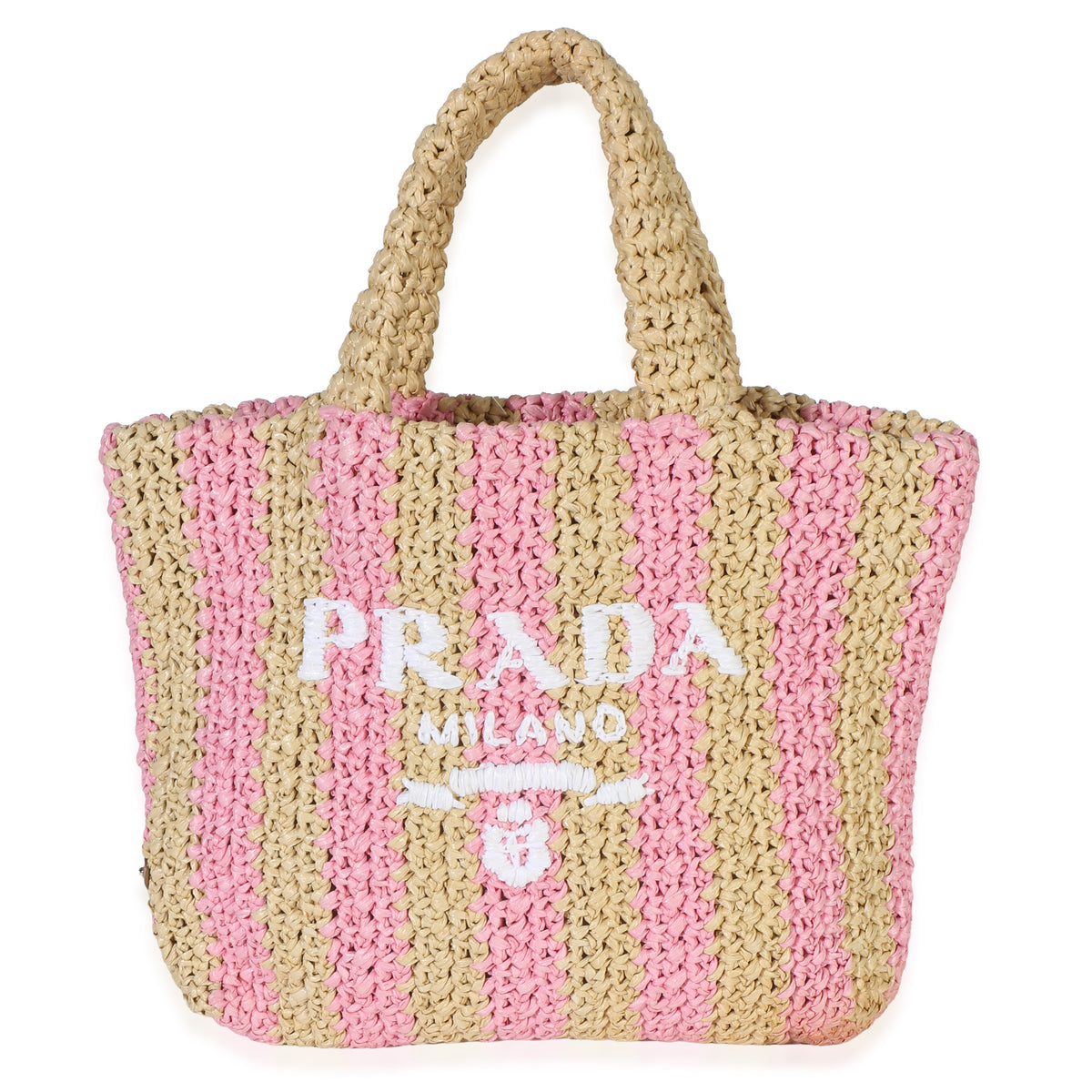Prada Naturale Pink Yarn Raffia Effect Crochet Stripe Small Logo Tote Handbag id