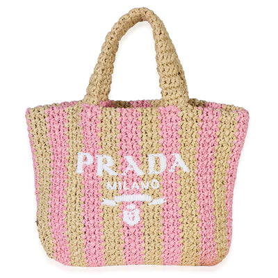 Prada Naturale Pink Yarn Raffia Effect Crochet Stripe Small Logo Tote Handbag id