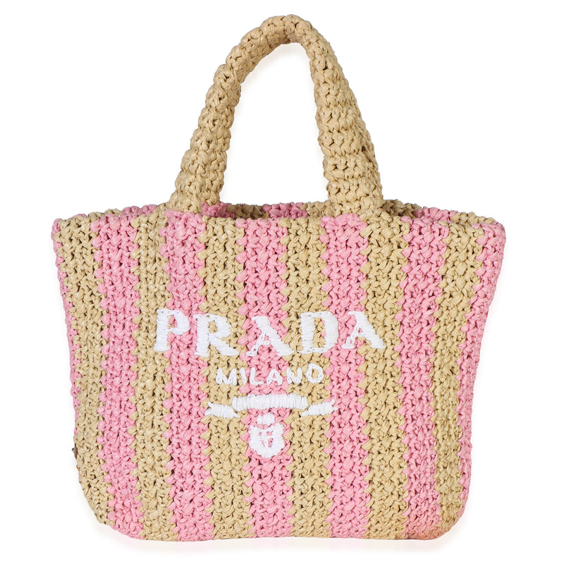 Prada Naturale Pink Yarn Raffia Effect Crochet Stripe Small Logo Tote Handbag id