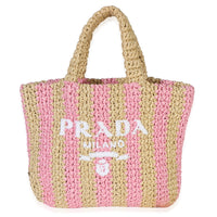 Prada Naturale Pink Yarn Raffia Effect Crochet Stripe Small Logo Tote Handbag id